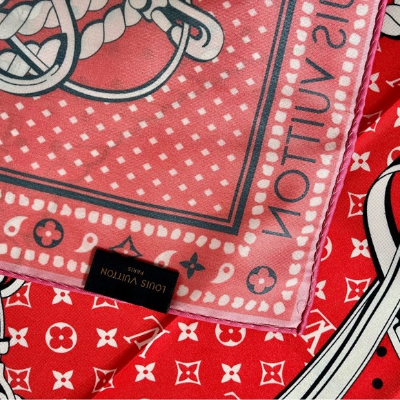 100% silk Vibrant Red Scarf with White and Black Accents - Picture 13 of 13